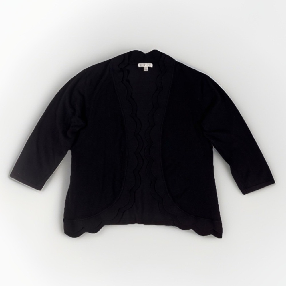 SPENSE Petite Womens Cardigan‎ Sweater Black Large Scalloped Edges 3/4 Sleeve